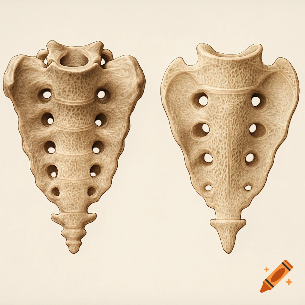 Detailed anatomical illustration of the human sacrum, showing posterior and anterior views in a medical atlas style.
