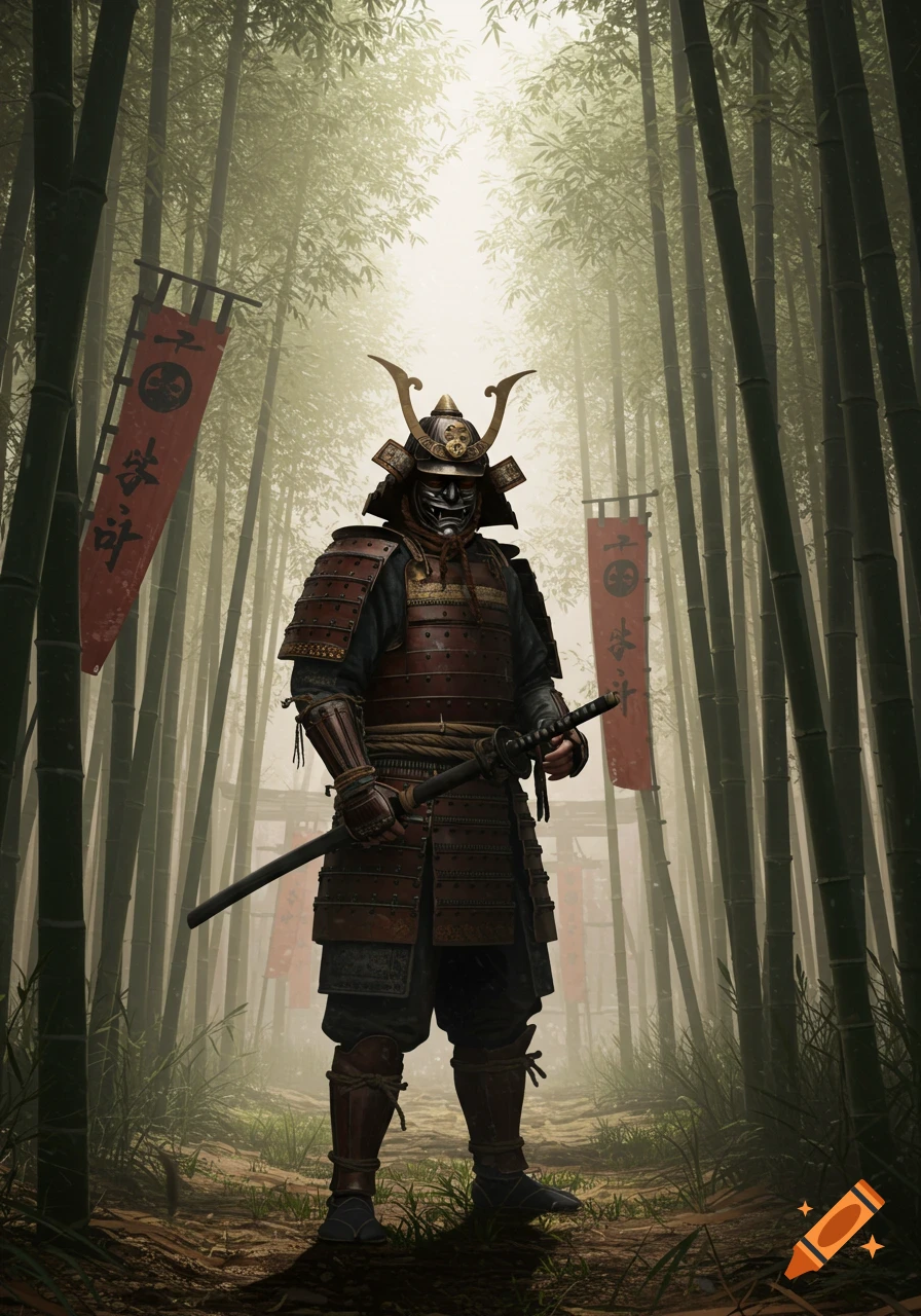 A samurai in traditional dark red and black armor holds a katana, standing in a misty bamboo forest with red banners on either side.