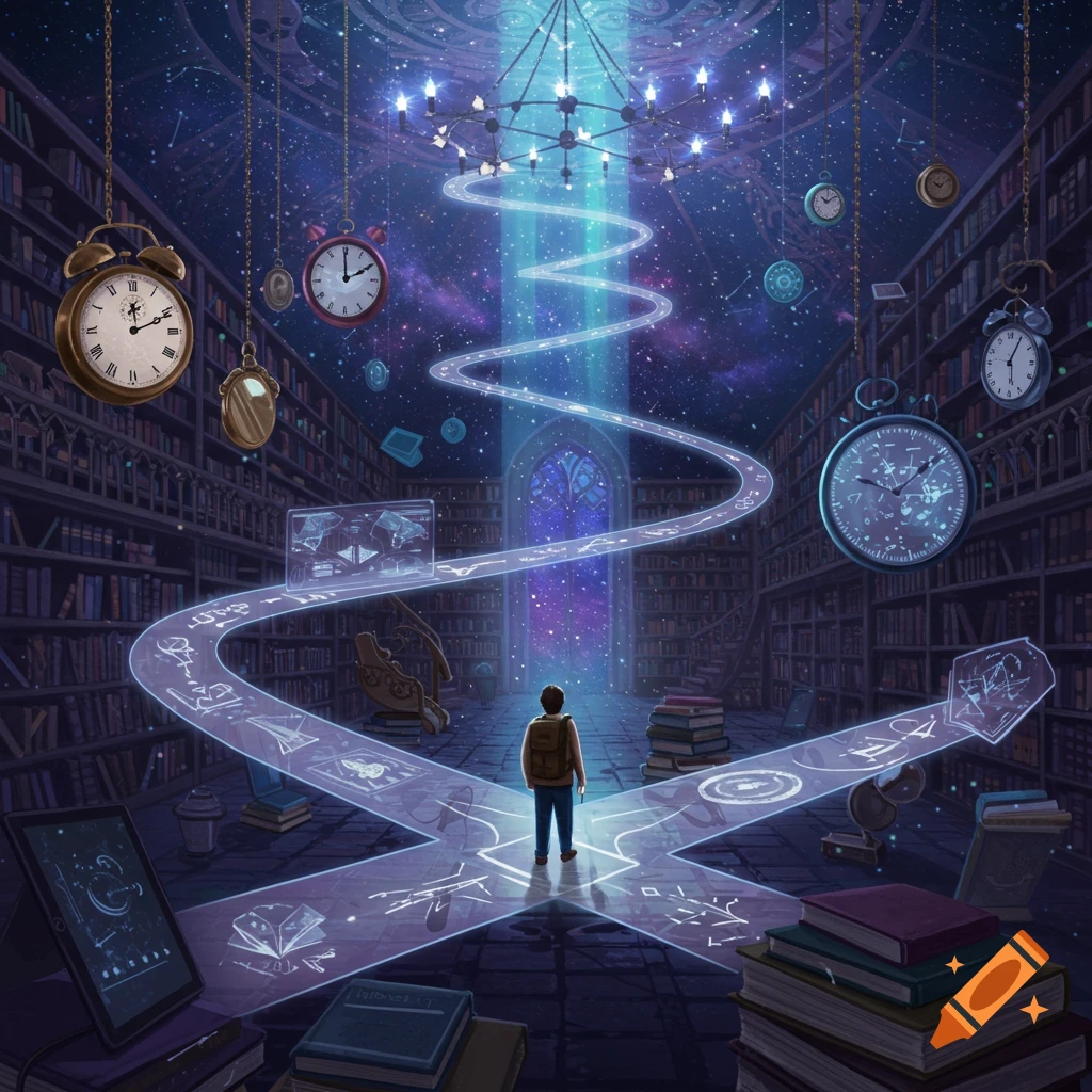A child with a backpack stands at a glowing crossroads in a magical library with books, hanging clocks, and a starry sky ceiling.