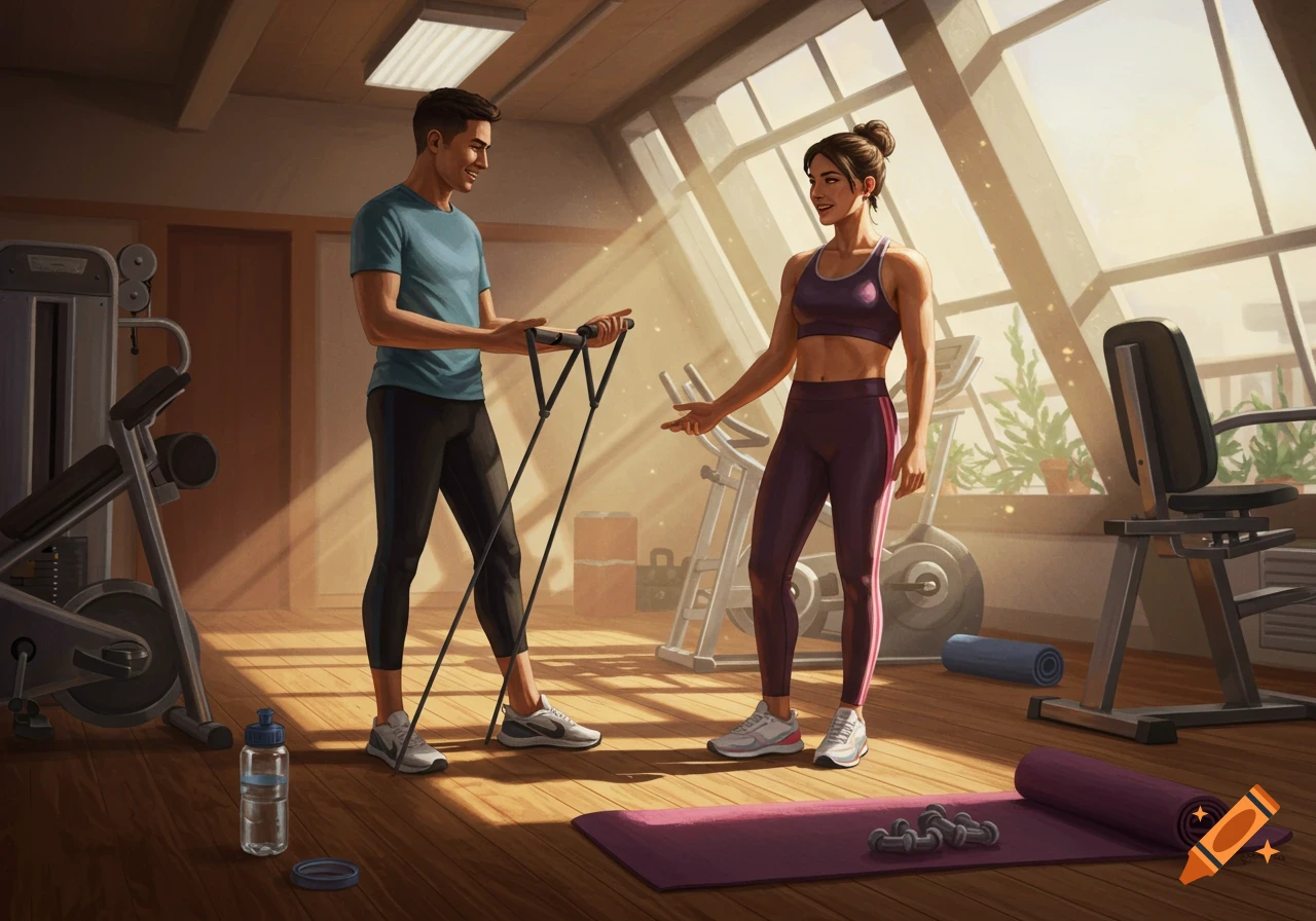 Two friends in activewear stand in a brightly lit gym with equipment, one holding a resistance band.