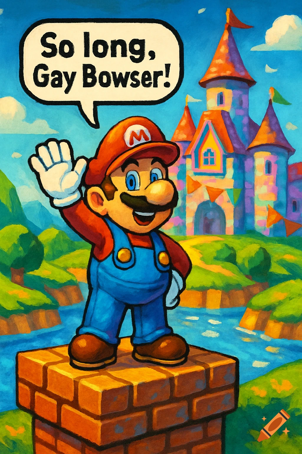 Mario waves from a brick block, a speech bubble reads 'So long, Gay Bowser!', set in a colorful, painterly landscape with a castle.