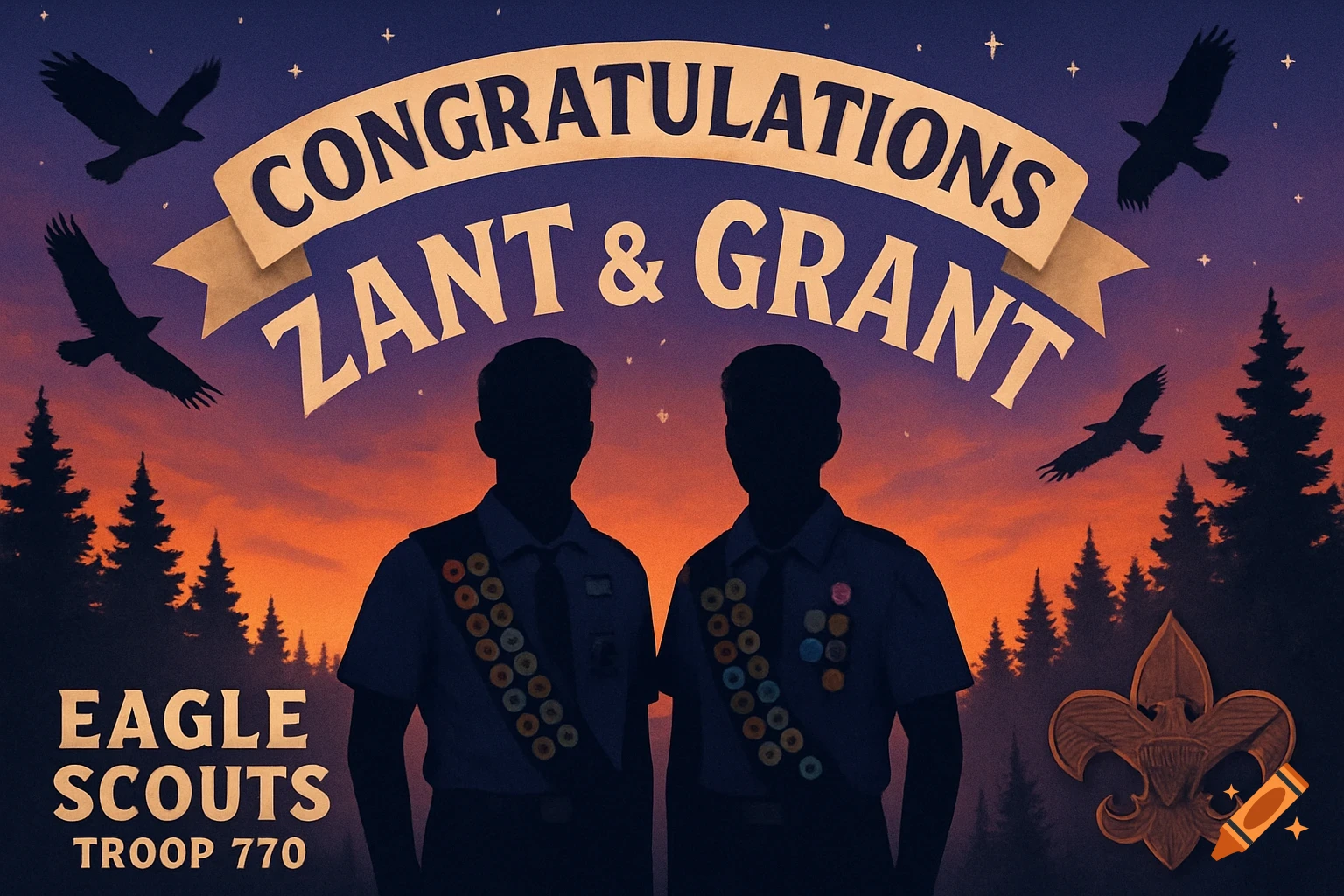 Illustrative poster congratulating Eagle Scouts Zant and Grant, featuring their silhouettes, a sunset sky, eagles, and text.