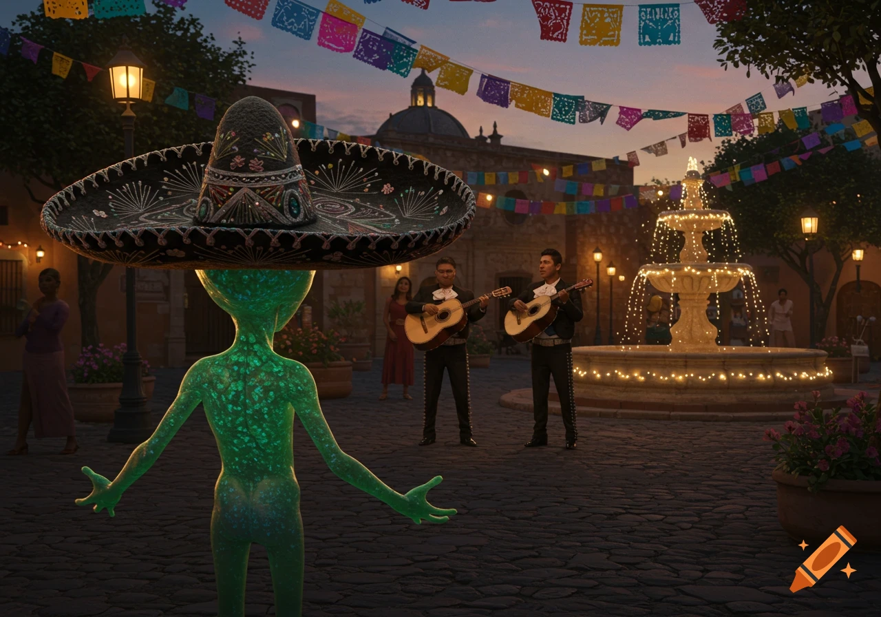 A green alien in a large Mexican sombrero stands in a festive town square, watching two mariachi musicians play guitars near a lighted fountain at dusk.