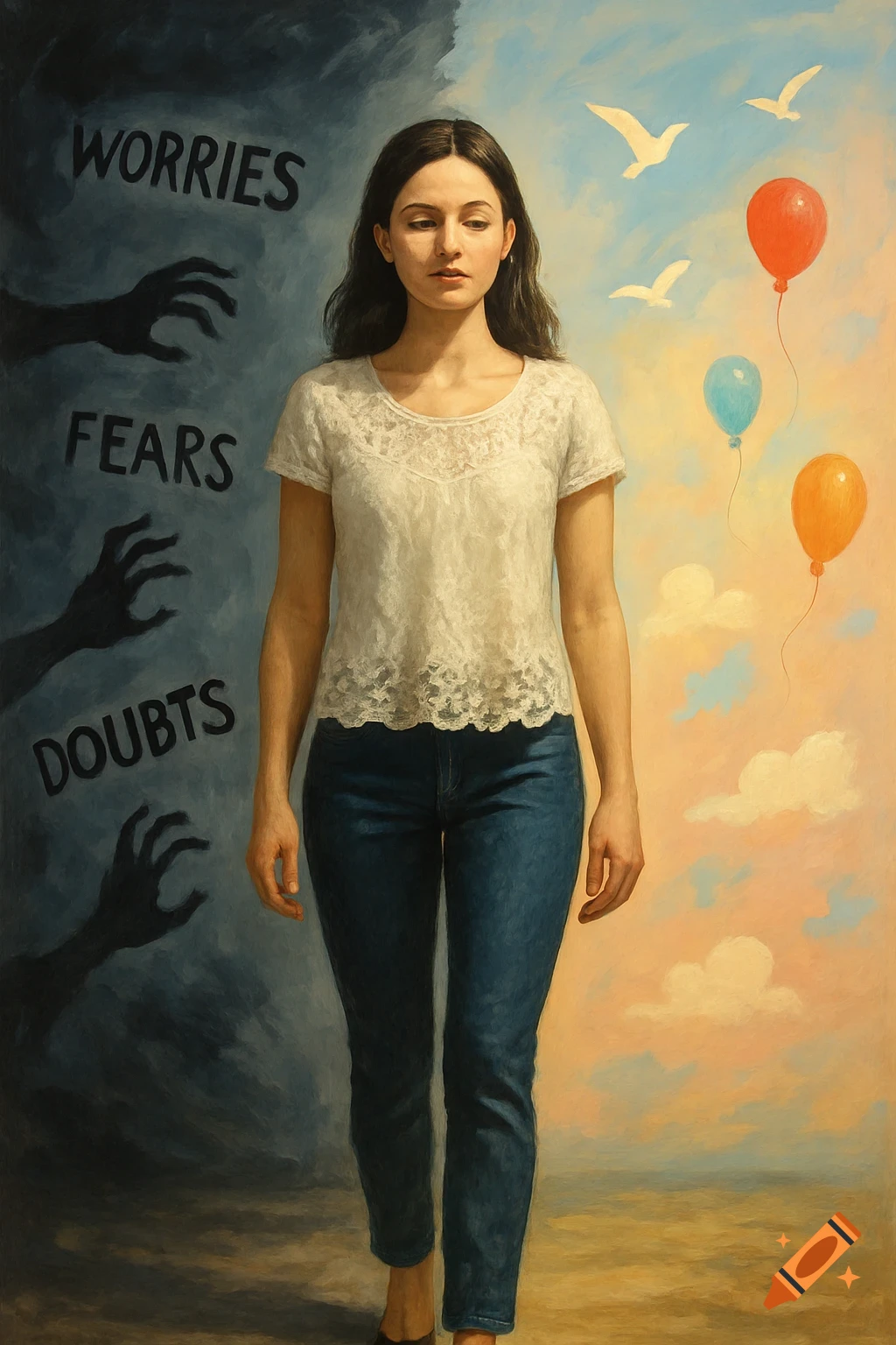 A woman walks between a dark side with 'WORRIES', 'FEARS', 'DOUBTS' and a bright sky with balloons, in a symbolic painting.