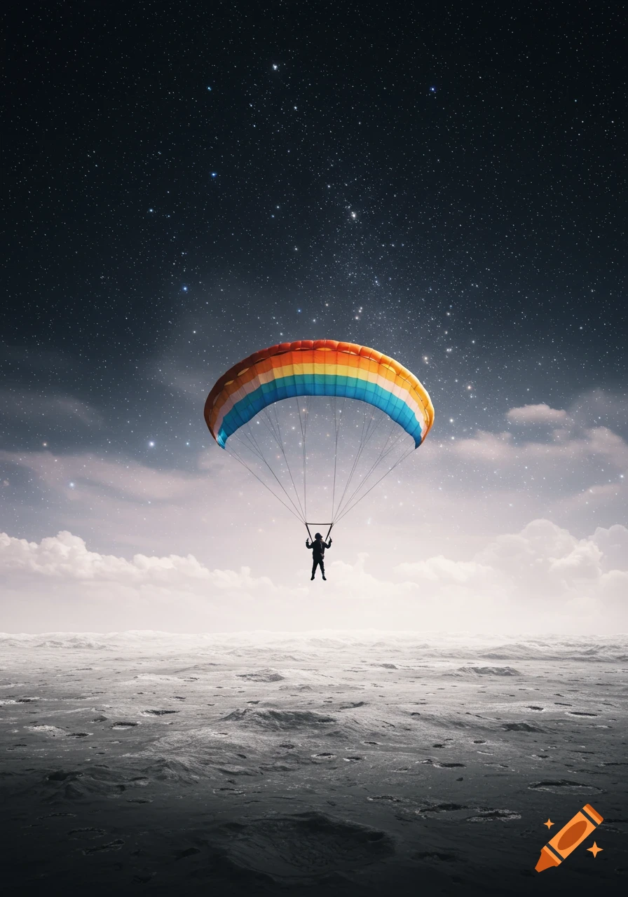 A silhouette paraglides with a rainbow parachute above a cratered moonscape, under a vast starry night sky.