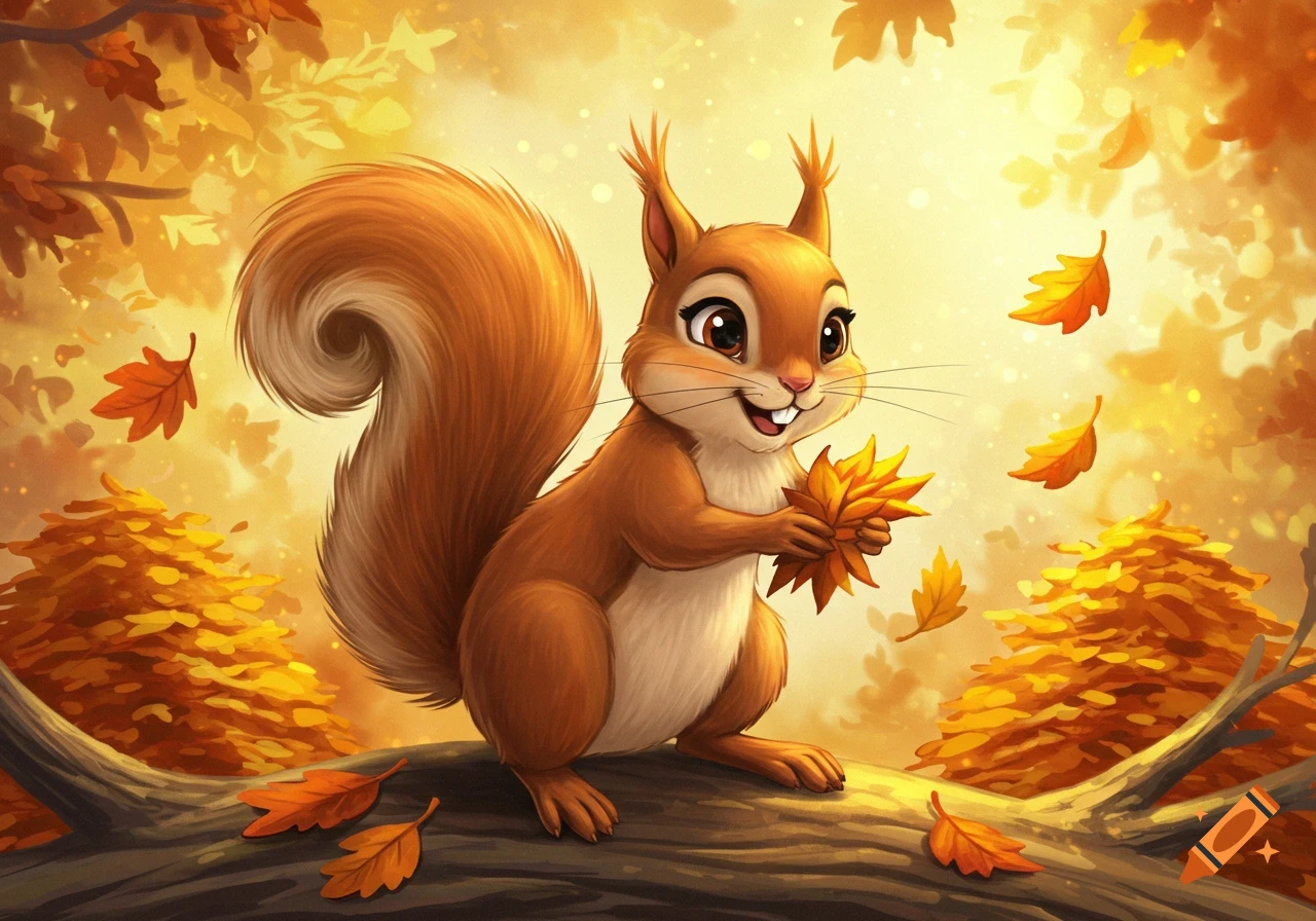 A happy cartoon squirrel holding yellow autumn leaves, sitting on a branch amidst golden fall foliage.