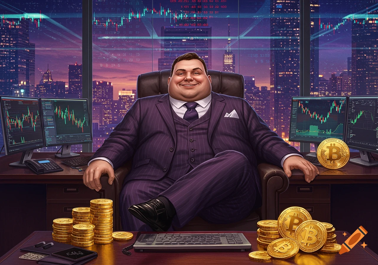 An obese man in a pinstripe suit and tie sits smiling at a desk, surrounded by monitors showing financial charts and stacks of Bitcoin coins, with a city skyline at dusk in the background.