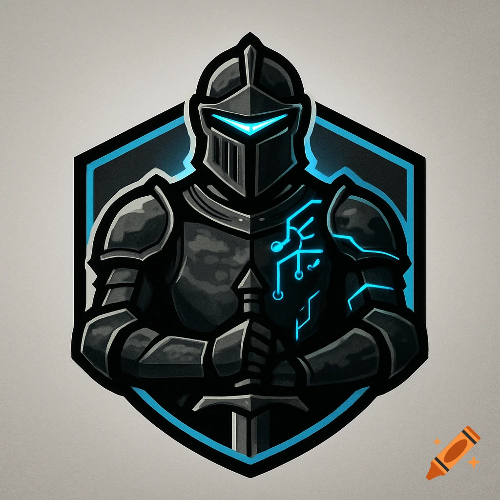 Stylized black armored knight with glowing blue circuit patterns and sword, in a hexagon logo.