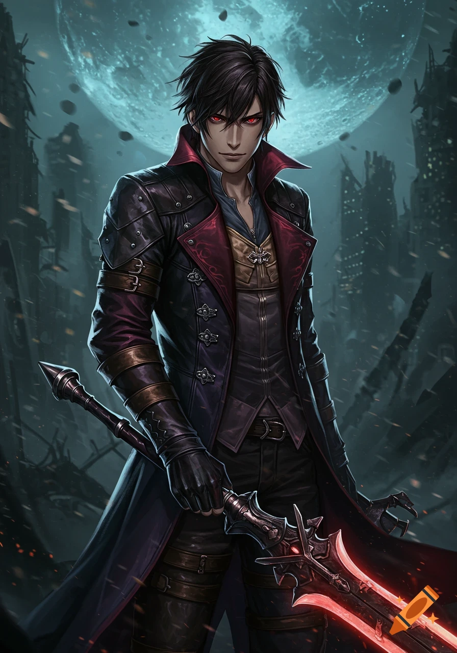 A dark-haired anime-style male character with red eyes in a black leather coat holds a glowing red sword in a ruined city under a large moon.
