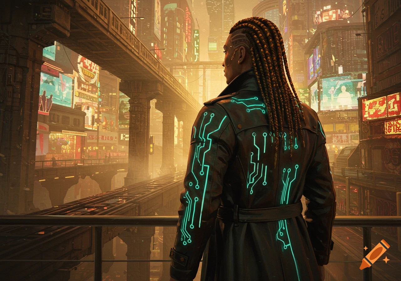 A person with dreadlocks and a glowing circuit-patterned coat stands in a futuristic cyberpunk city with neon signs.
