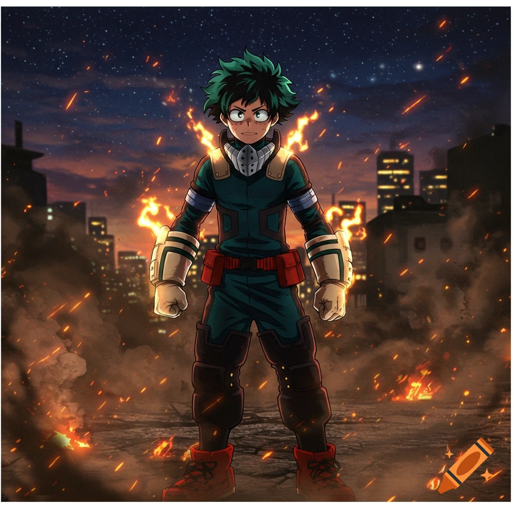 Anime illustration of Izuku Midoriya in his superhero costume, standing confidently amidst a fiery, destroyed city at night.
