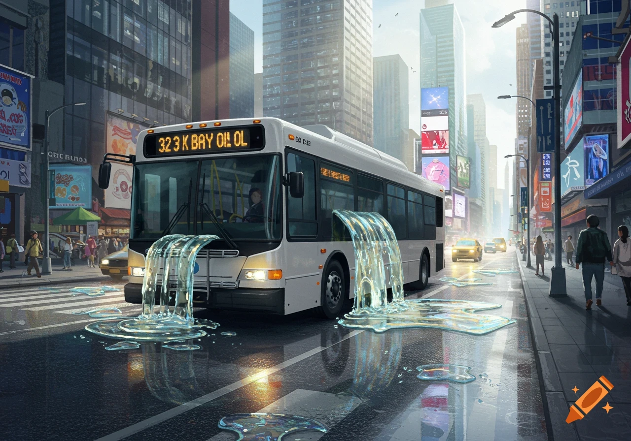 A white bus in a busy city street leaks clear water-like liquid from its front and side onto the wet asphalt, reflecting the surrounding tall buildings and streetlights.