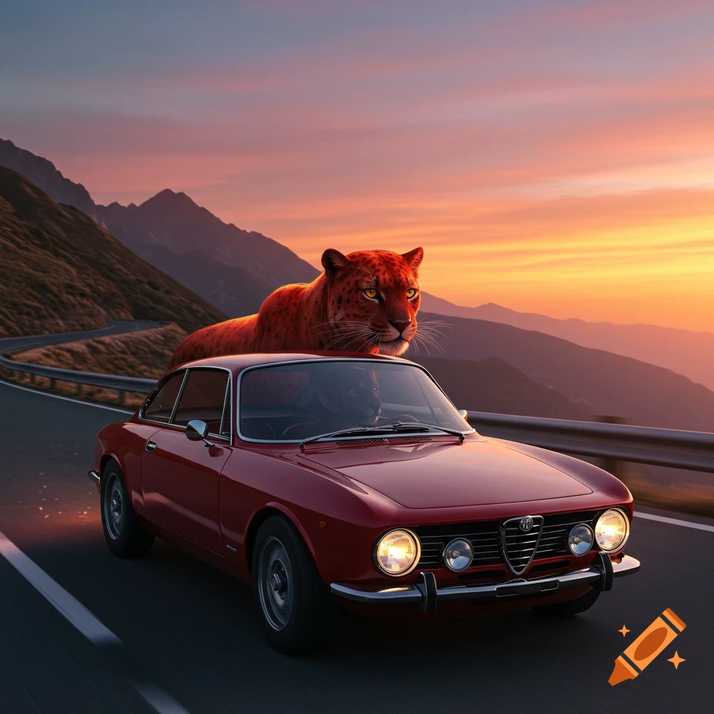 A red panther rests on a red Alfa Romeo car driving on a winding mountain road at sunset.