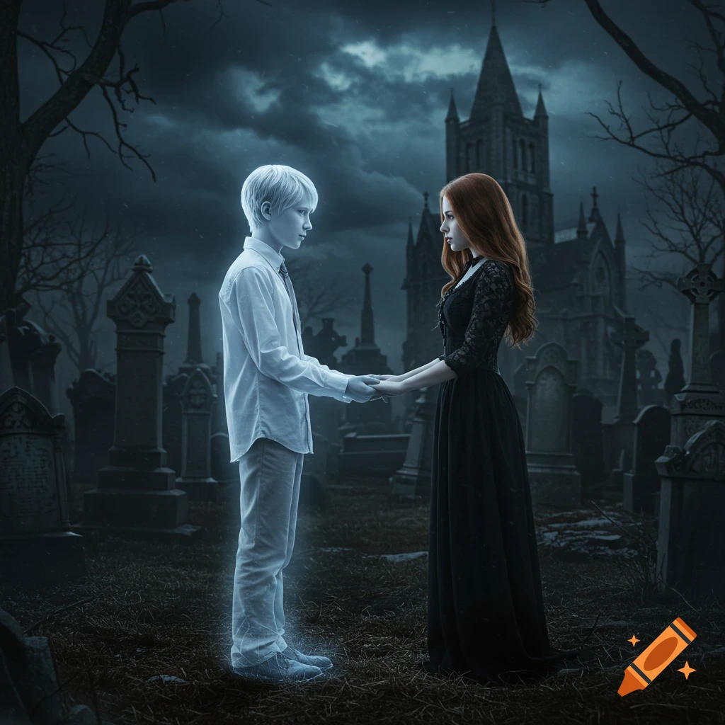 A ghostly translucent boy holds hands with a girl in a black dress amidst a dark, atmospheric cemetery and gothic church.