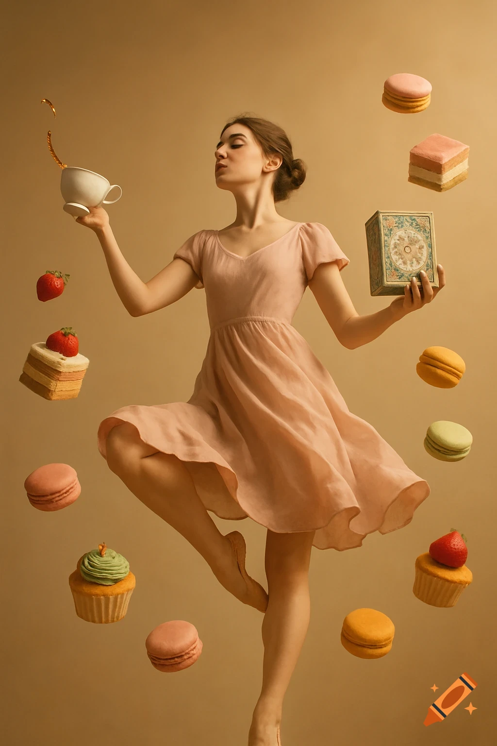 A young woman in a pink dress balances on one leg amidst floating macarons and cakes, holding a spilling teacup and decorative box.