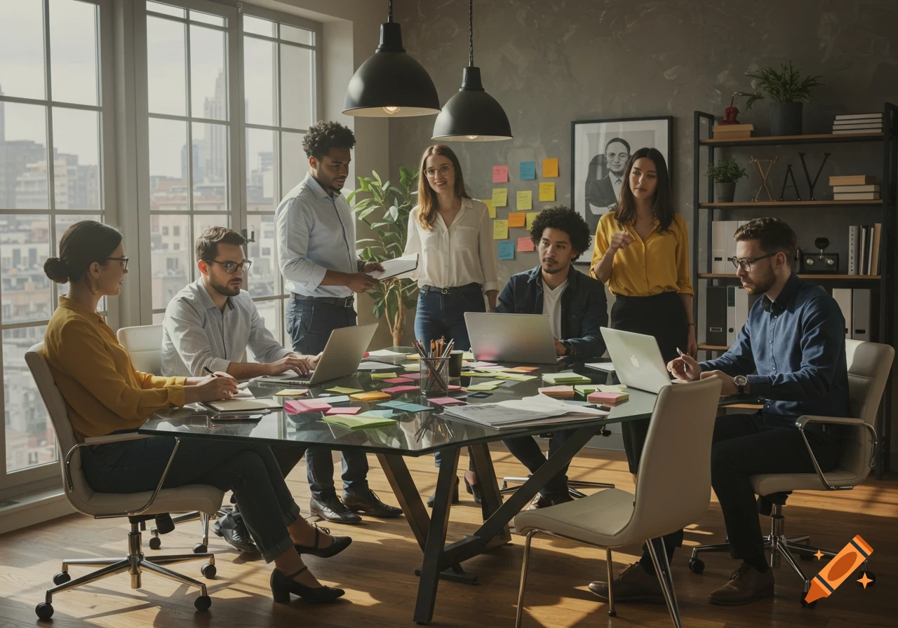 A diverse group of professionals collaborating around a glass conference table in a modern office with large windows.