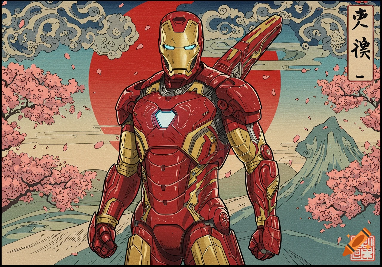 Iron Man in a red and gold suit stands centrally in a Japanese ukiyo-e style landscape with cherry blossoms, Mount Fuji, and a large red sun.