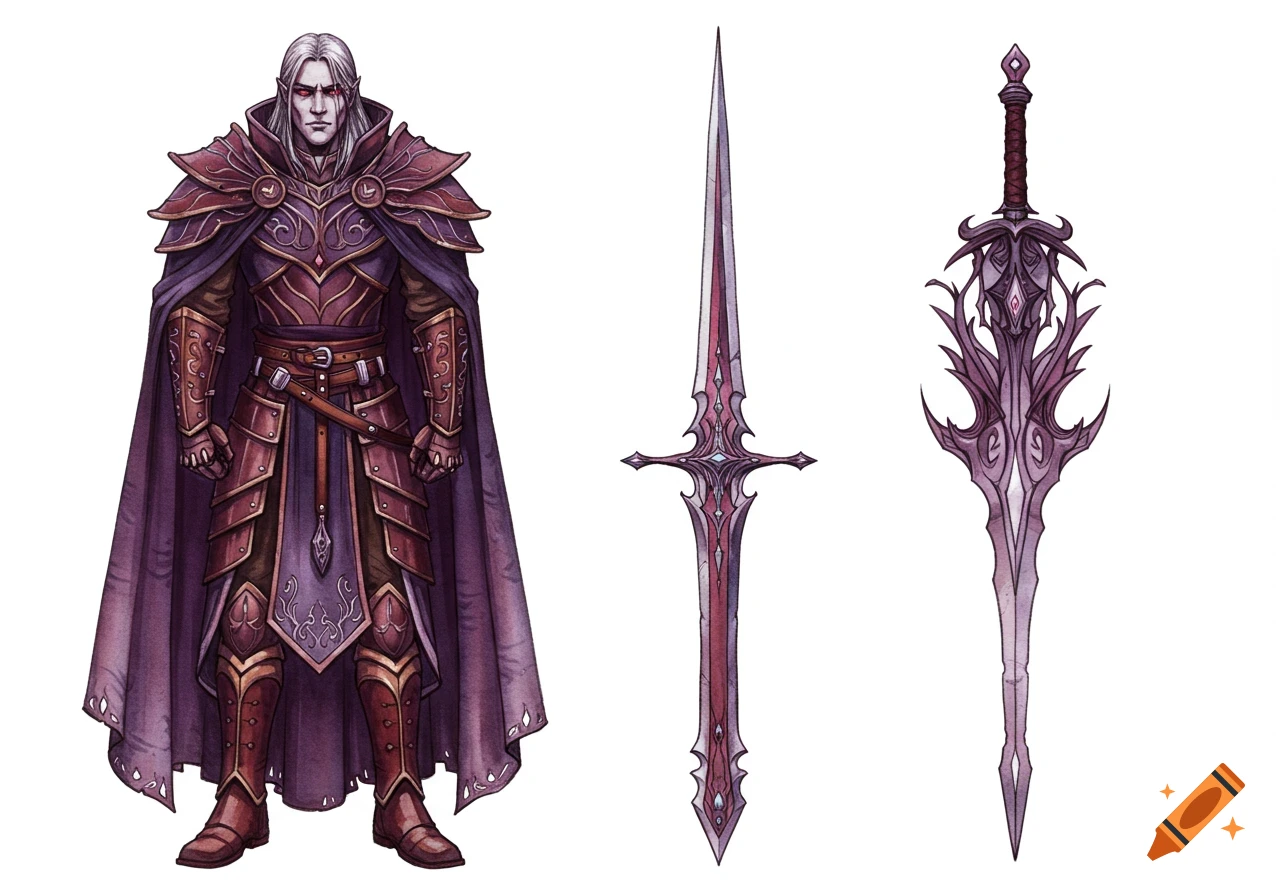 A white-haired fantasy adventurer in purple and brown armor with a cape stands next to two ornate swords. Watercolor illustration.