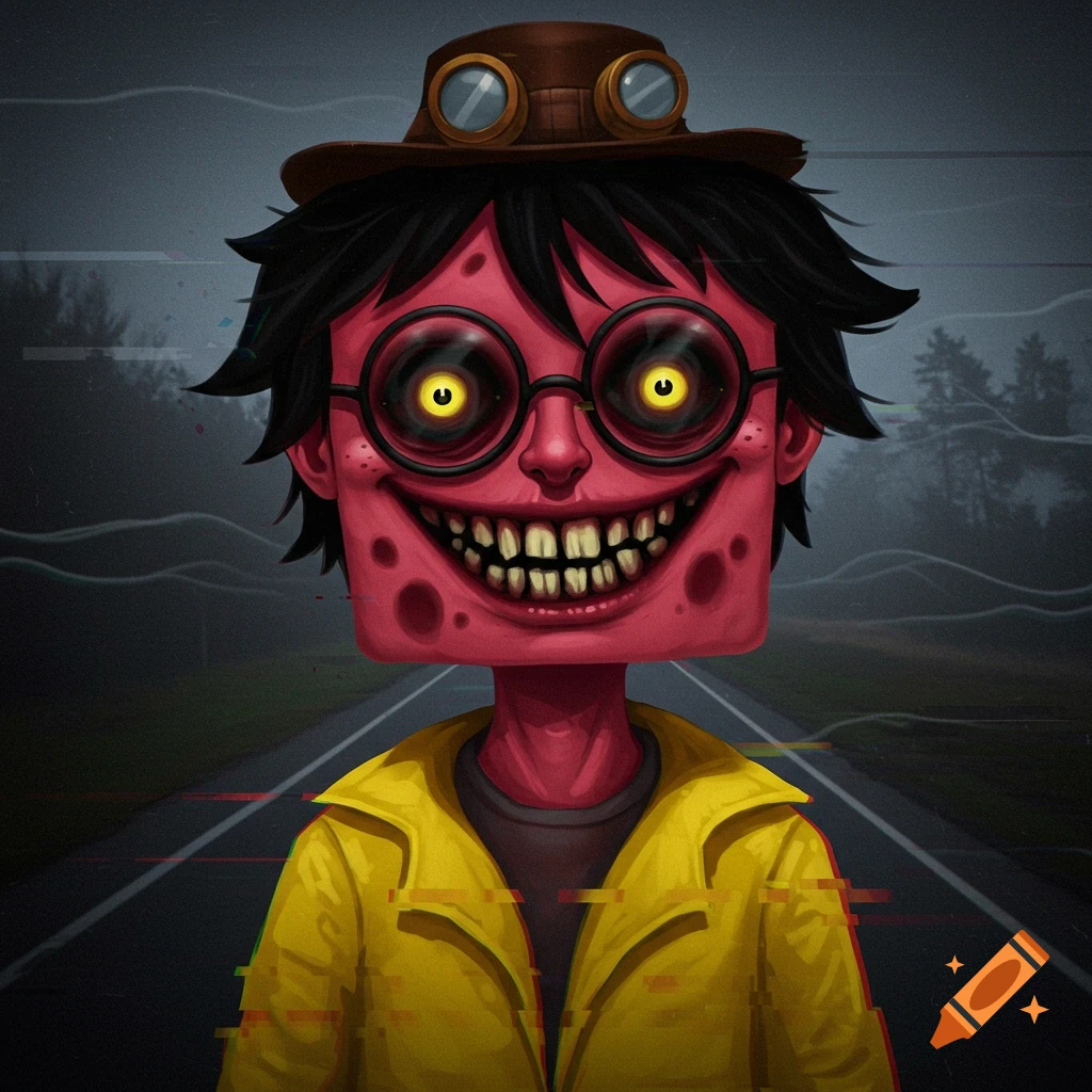 A creepy, red, square-headed cartoon character with glowing yellow eyes, glasses, wide grin, steampunk hat, and yellow raincoat on a glitchy highway at night.