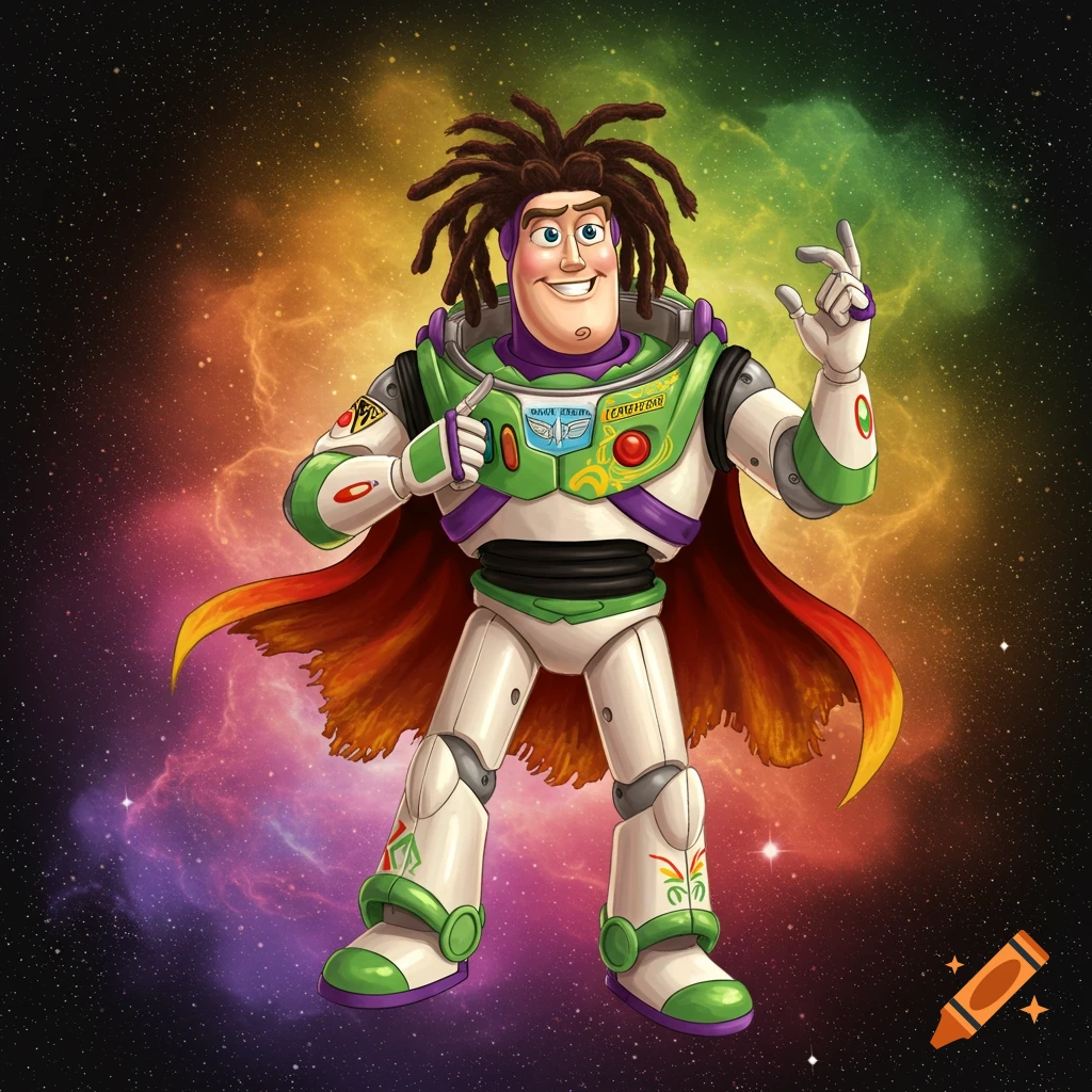 Buzz Lightyear with dreadlocks, wearing his iconic green and white spacesuit with a red cape, stands against a vibrant space nebula background.