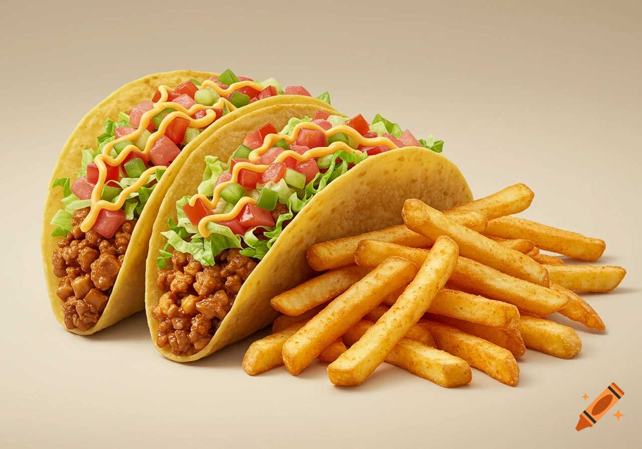 Two tacos filled with meat, lettuce, cheese, and tomatoes next to a pile of golden french fries on a neutral background, studio shot.