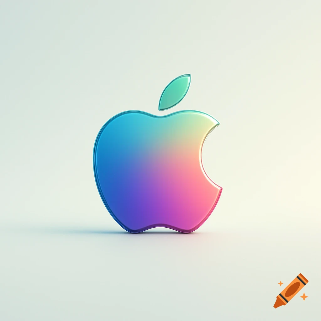 A glossy, colorful, bitten fruit logo with a teal leaf, centered on a soft white gradient background in a minimalistic style.