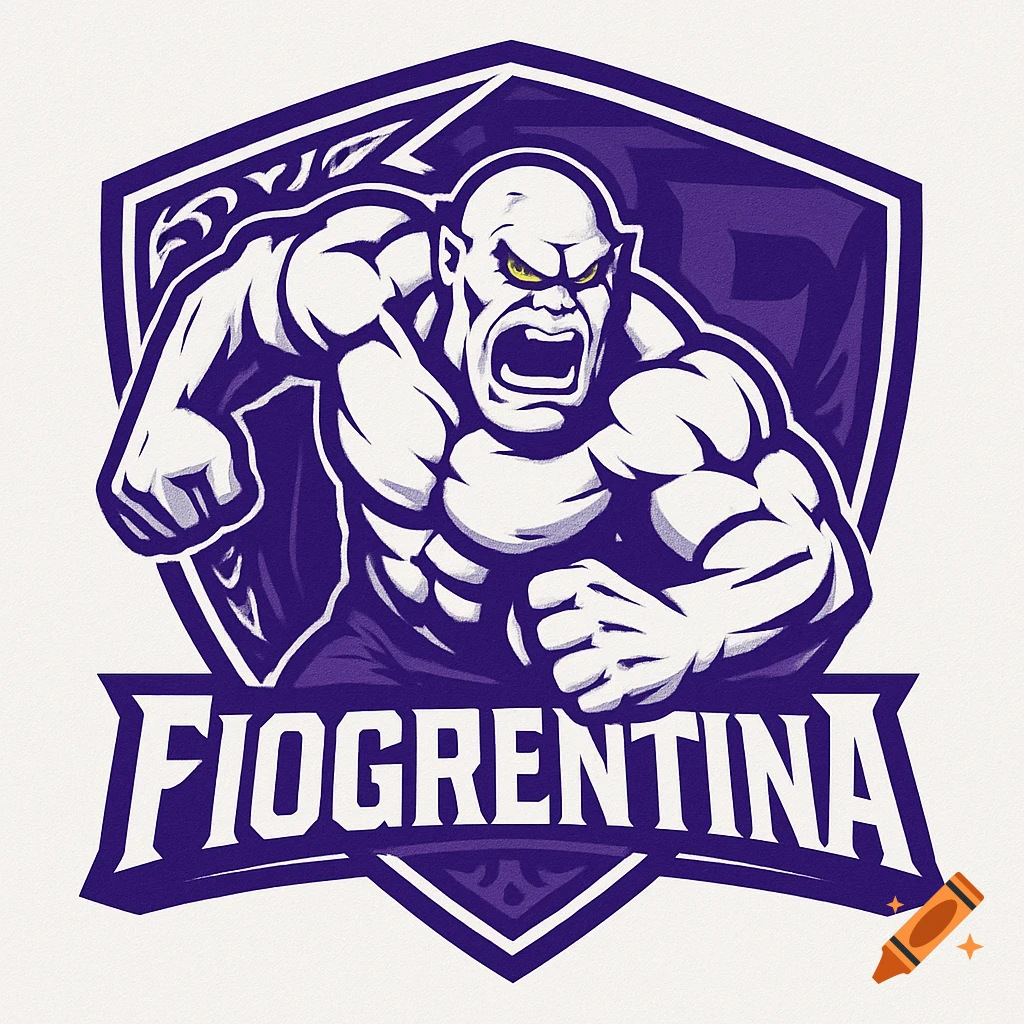 Purple and white sports logo featuring a muscular, angry ogre with yellow eyes, and the text 'FIOGRENTINA'.