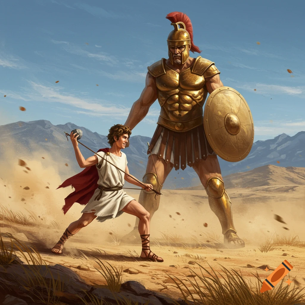 Young David aims a sling at a towering, armored Goliath in a dusty desert landscape.
