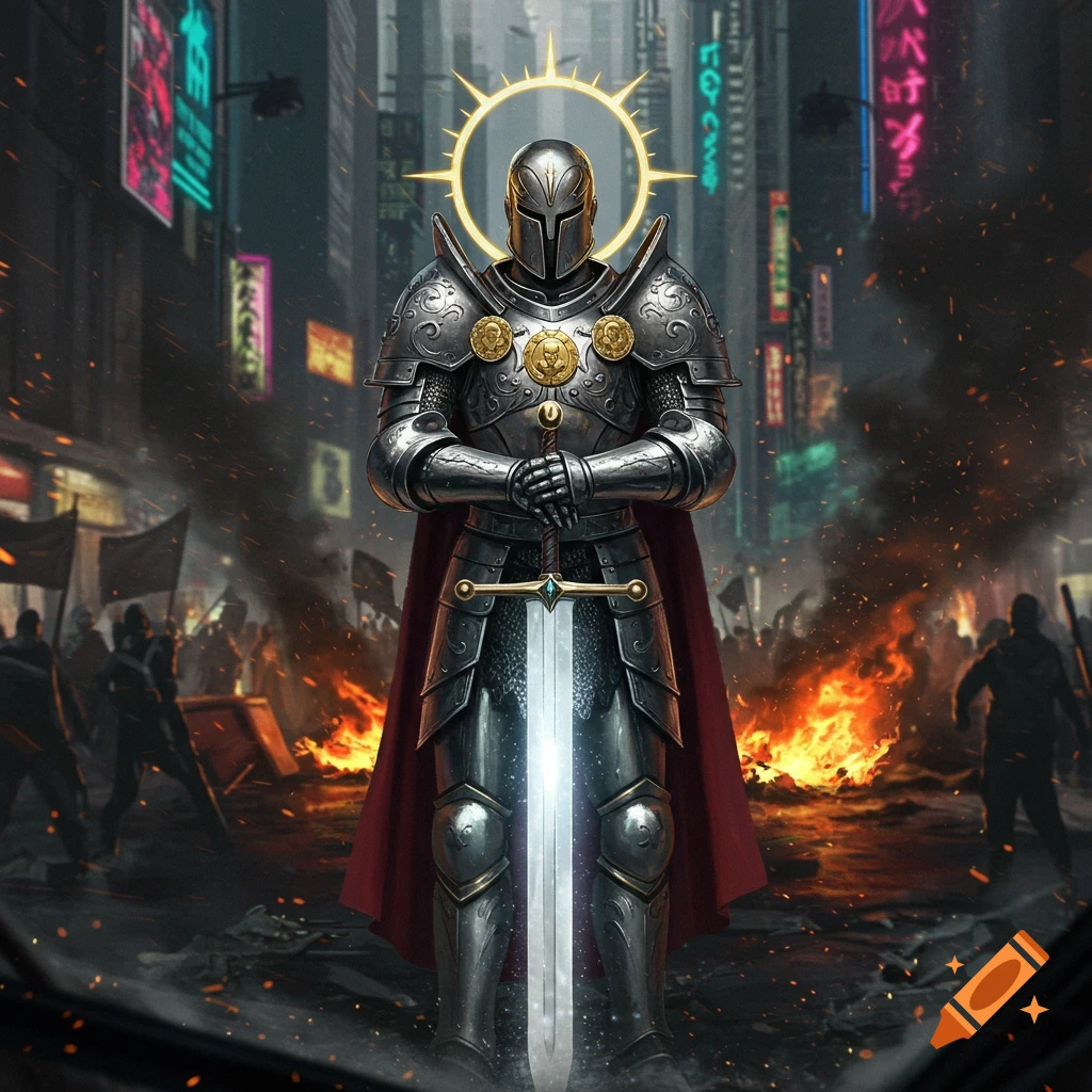 A stylized holy warrior in detailed medieval armor stands with a glowing sword in a modern cyberpunk city experiencing civil unrest and fires.