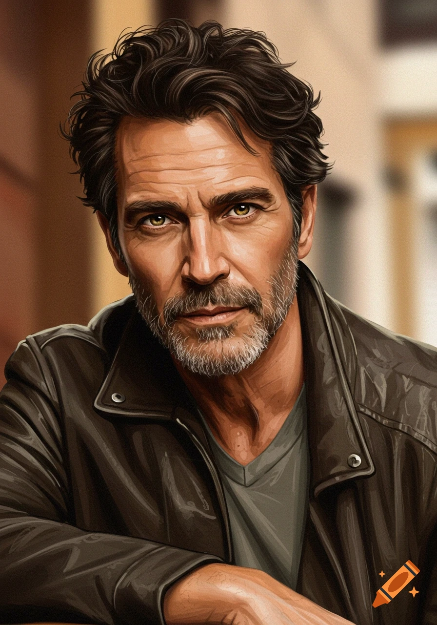Digital art portrait of a handsome mature man with dark, tousled hair and a grey beard, wearing a leather jacket, looking intently at the viewer.