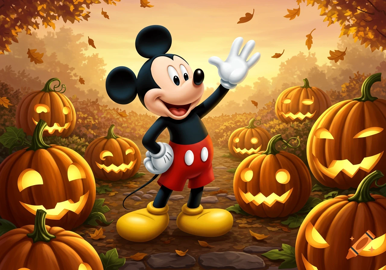 Mickey Mouse waves happily among glowing jack-o'-lanterns on an autumn path with falling leaves, cartoon illustration.