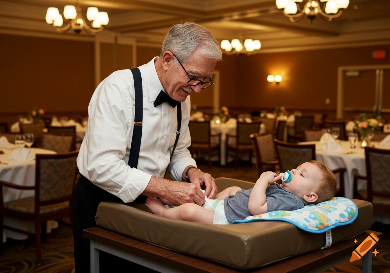 A senior man in a white shirt and suspenders changes a baby's diaper on a changing table in a banquet hall.