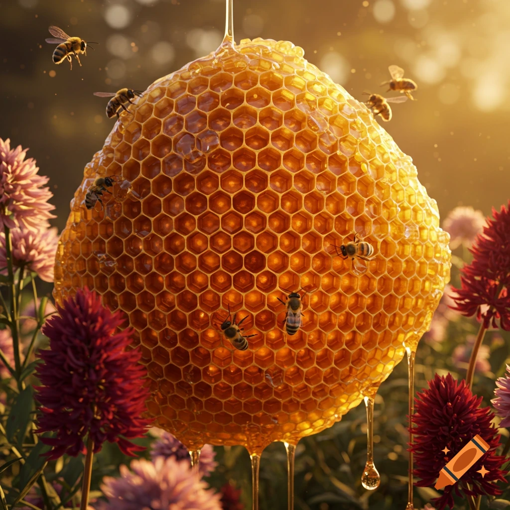 A large honeycomb dripping with honey, surrounded by bees and vibrant red and pink flowers in a sunny field, photorealistic.
