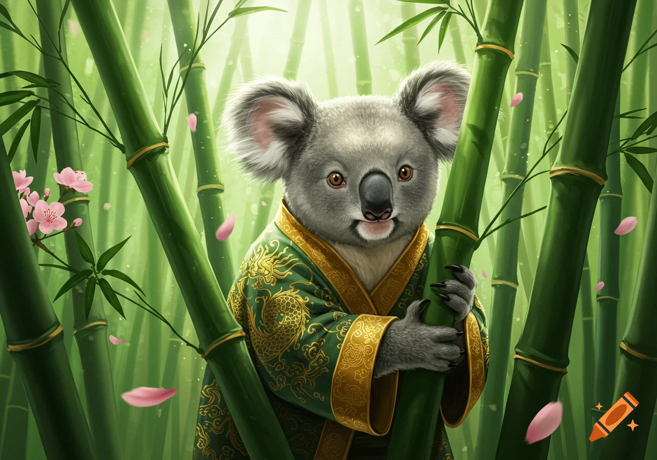 A fluffy koala in a green and gold traditional Chinese robe holds a bamboo stalk in a vibrant bamboo forest with pink cherry blossoms.