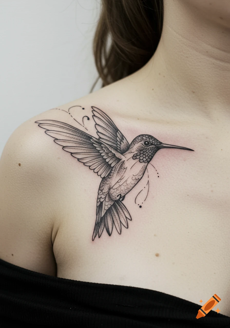 A detailed black ink tattoo of a hummingbird with spread wings on a woman's shoulder and clavicle.