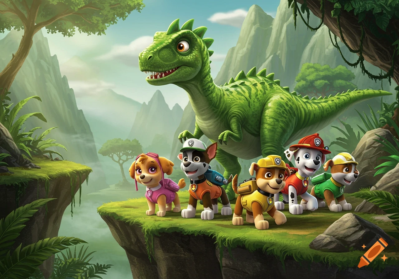 Cartoon illustration of several Paw Patrol pups with a large green dinosaur on a grassy cliff in a lush jungle with mountains.