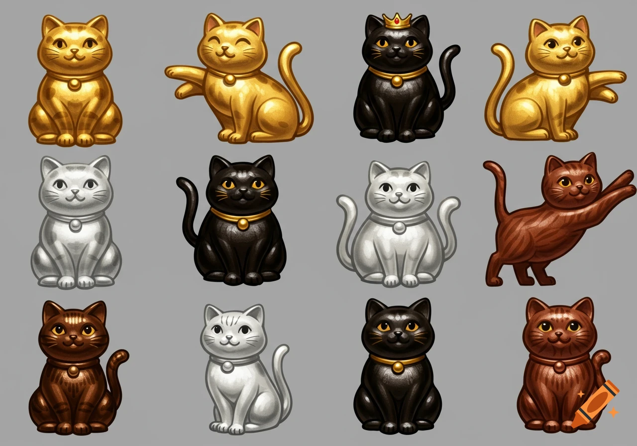 Twelve stylized cat figures in gold, black, white, and brown, resembling game pawns on a grey background.