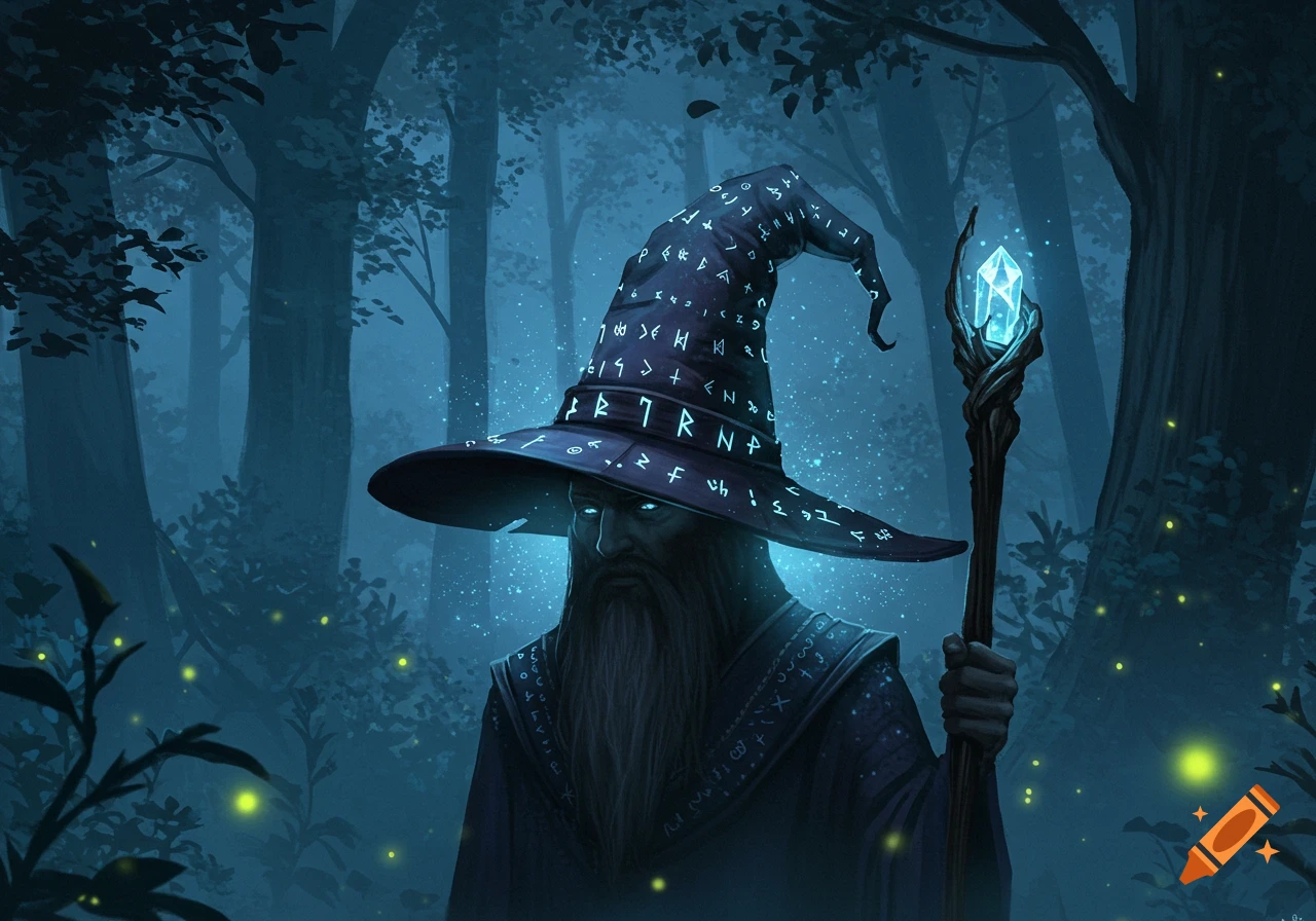 A bearded wizard wearing a pointy, rune-covered hat and robes holds a glowing crystal staff in a mystical blue forest.