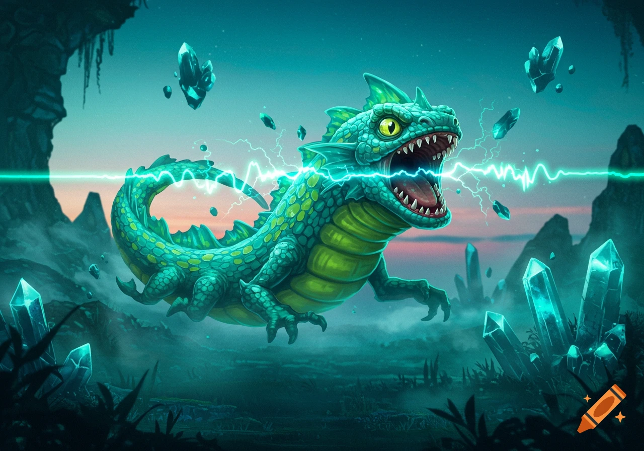 A vibrant green dragon-like creature with yellow eyes emits blue lightning from its mouth, surrounded by glowing crystals in a cave setting.