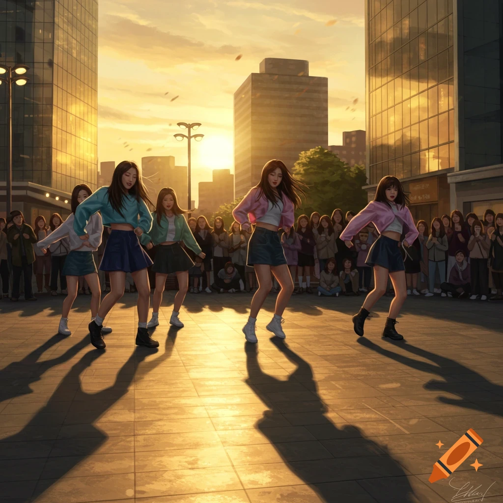 Five young women dance in a city square at sunset, casting long shadows, with a crowd watching in the background.