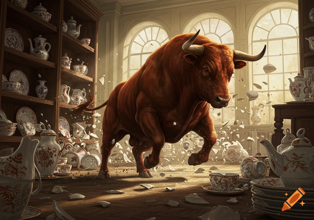 A large brown bull runs destructively through a fancy china shop, shattering porcelain dishes and teacups.