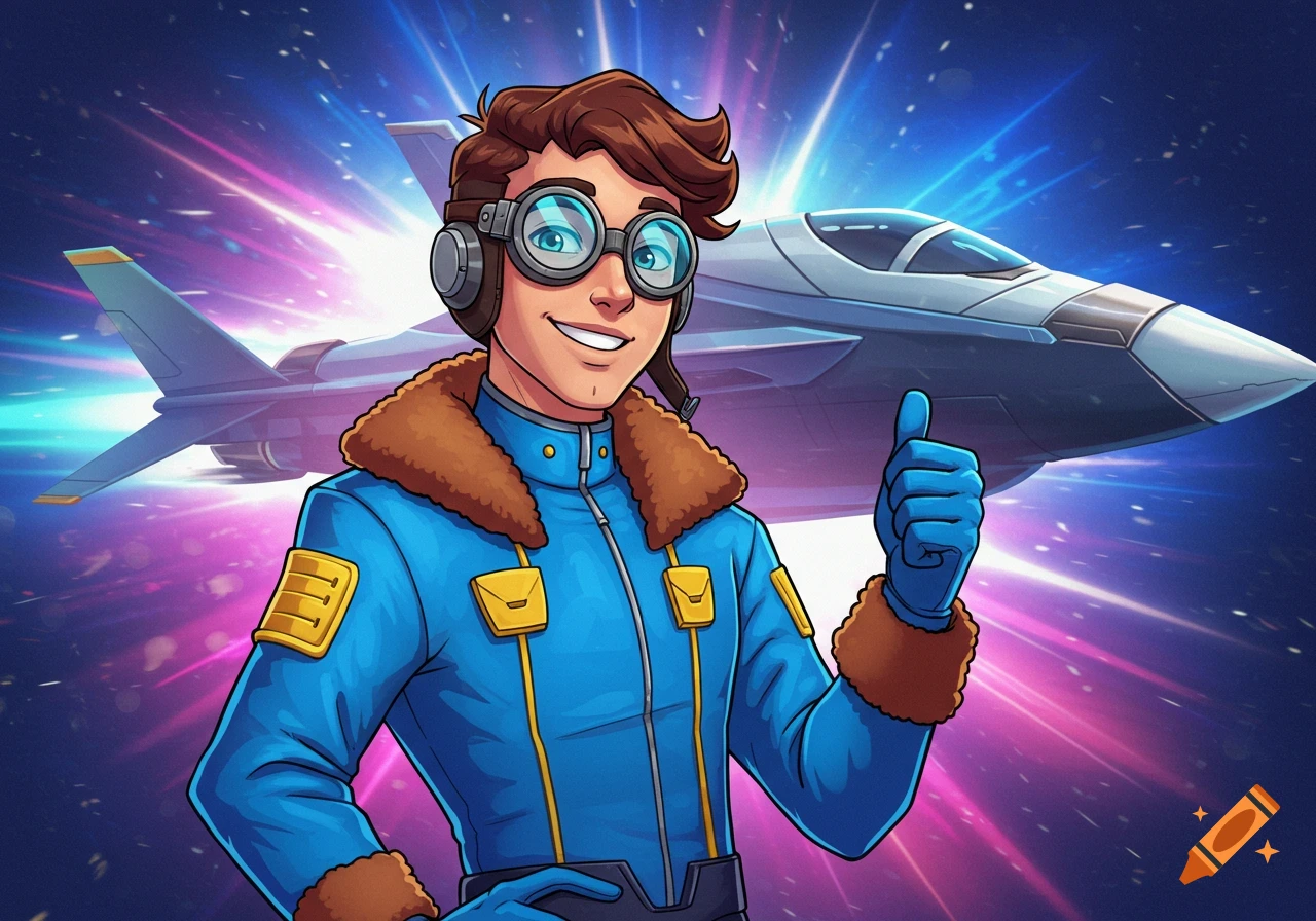 A smiling animated aviator in a blue futuristic suit and goggles gives a thumbs up, with a stylized jet against a vibrant cosmic background.
