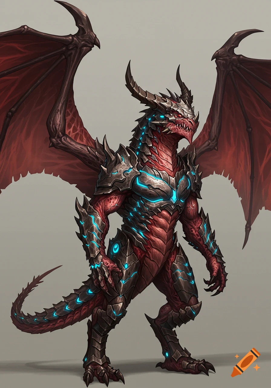 A red sci-fi dragon with muscular body, covered in spiky futuristic plate armor with glowing blue neon light strips. Concept art.