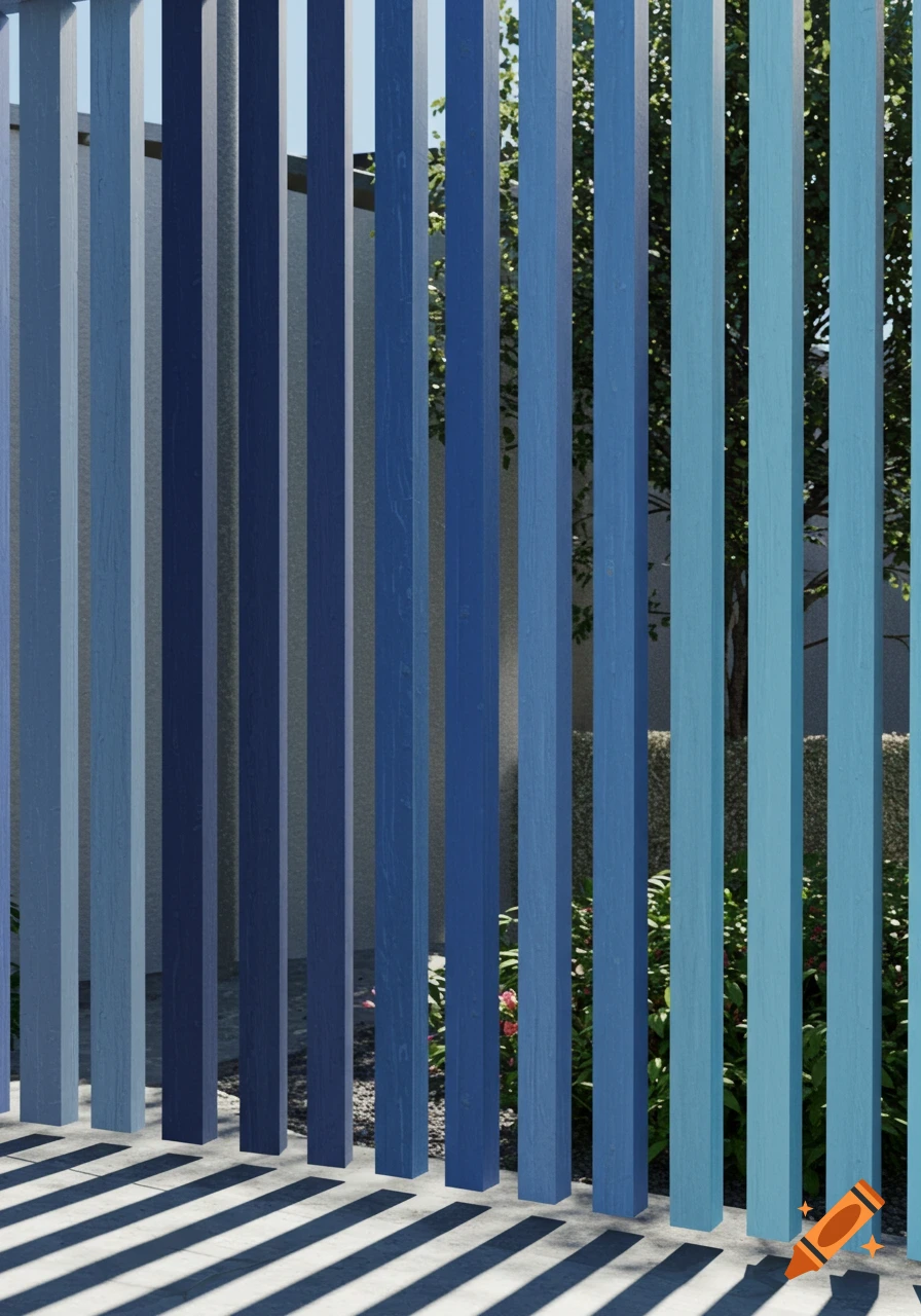 Vertical wooden privacy screen in various shades of blue, casting striped shadows on the ground with greenery behind.