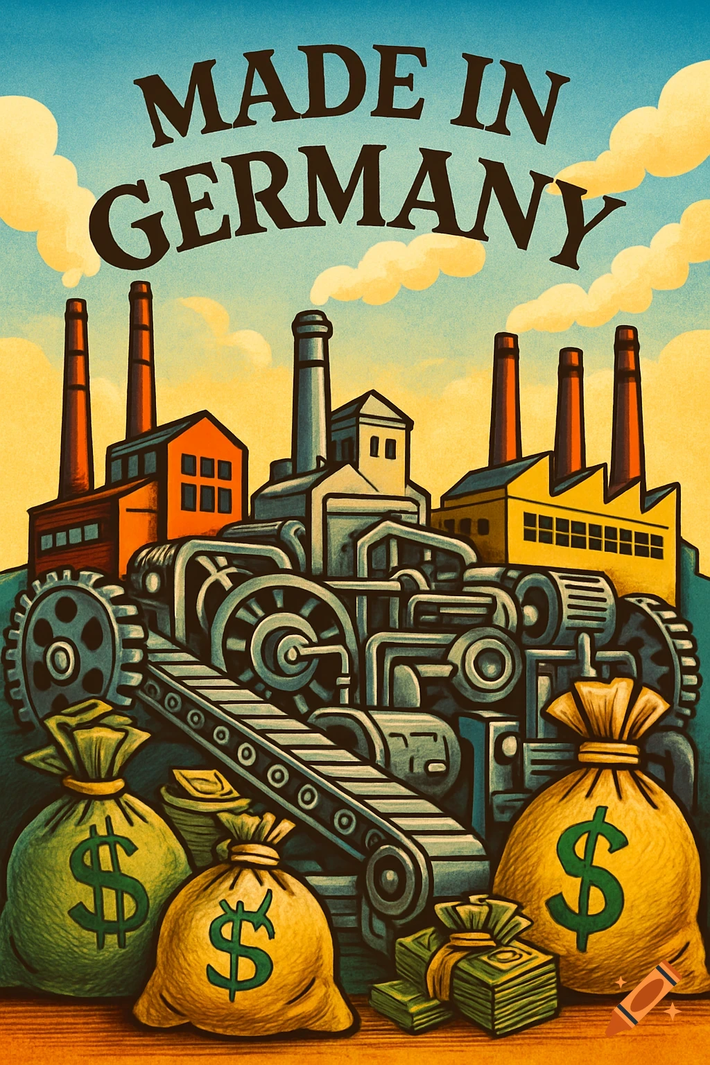 A retro illustration featuring factories, machinery, and money bags under the text 'MADE IN GERMANY'.
