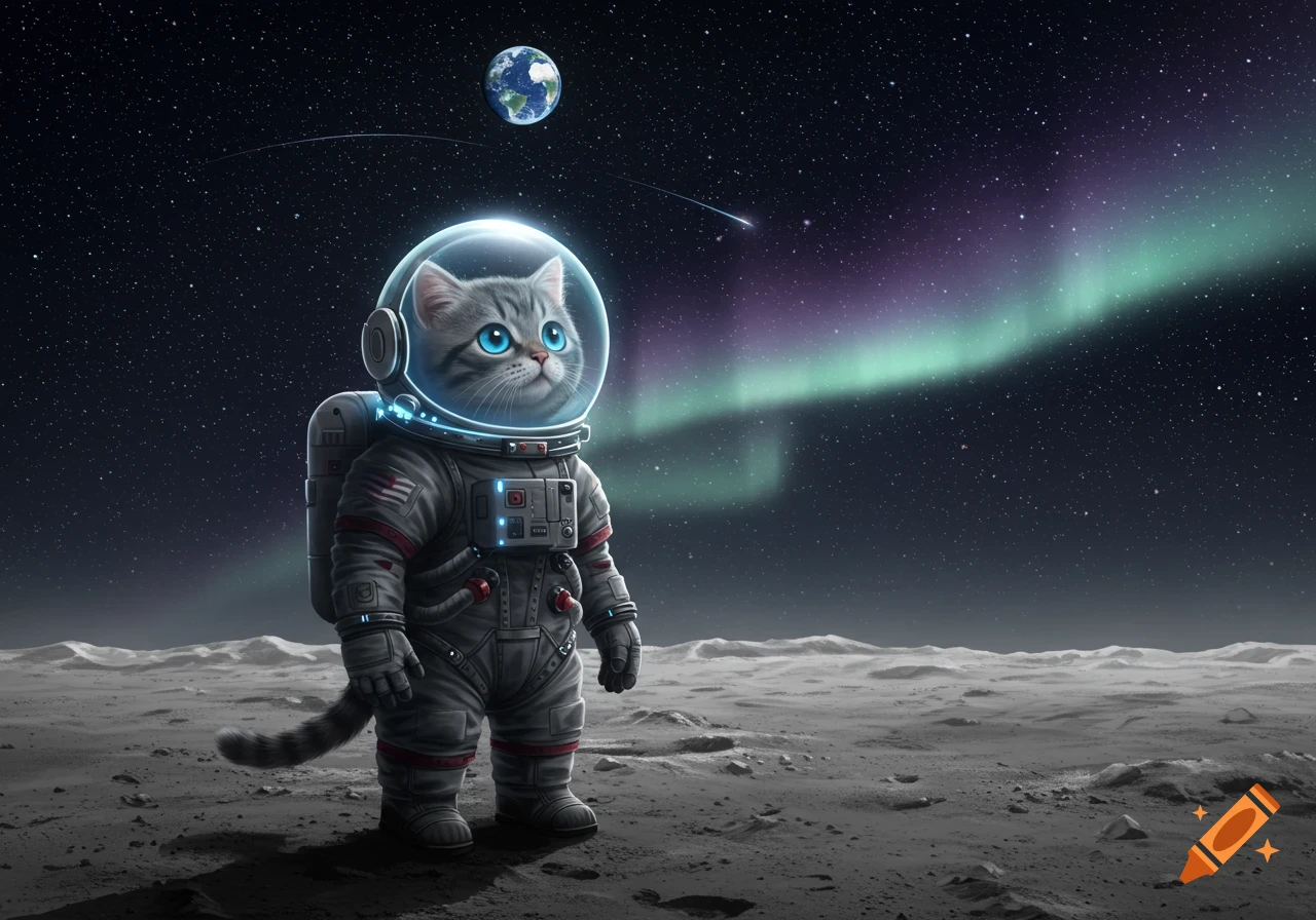 A cute gray tabby cat with blue eyes in a detailed astronaut suit stands on the moon, looking up at Earth and a green and purple aurora in the starry sky.