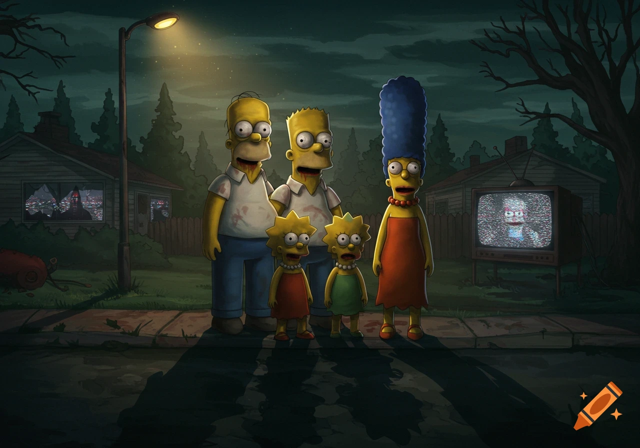 Zombie-like Simpsons family with blood, standing on a dark street at night, with distorted figures in windows and on a static TV.