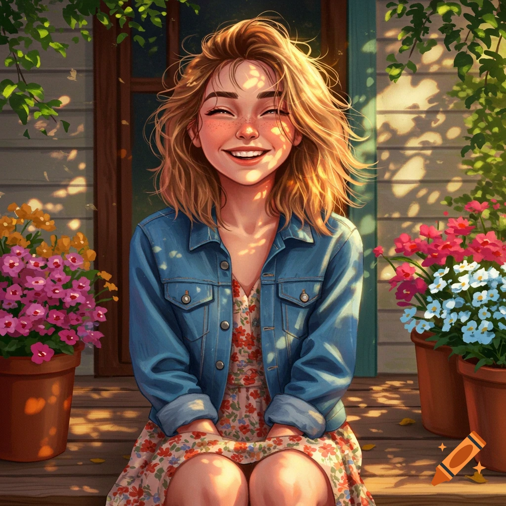 A cheerful young woman with freckles and a denim jacket smiles brightly while sitting on a sunny porch with potted flowers, in digital art.