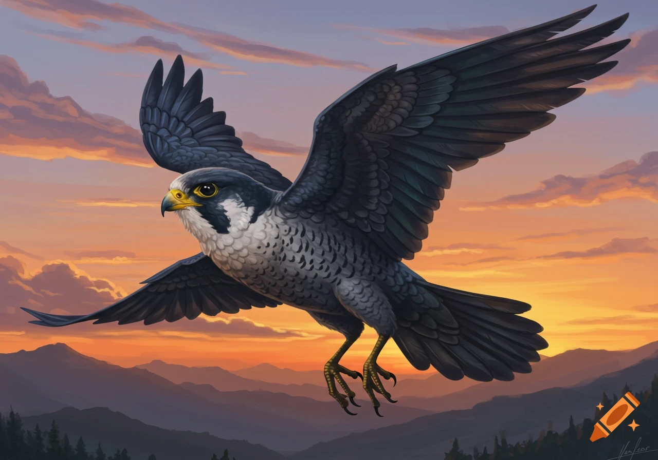 A peregrine falcon-like bird with dark wings and white chest flies against a vibrant orange and purple sunset sky over mountains.