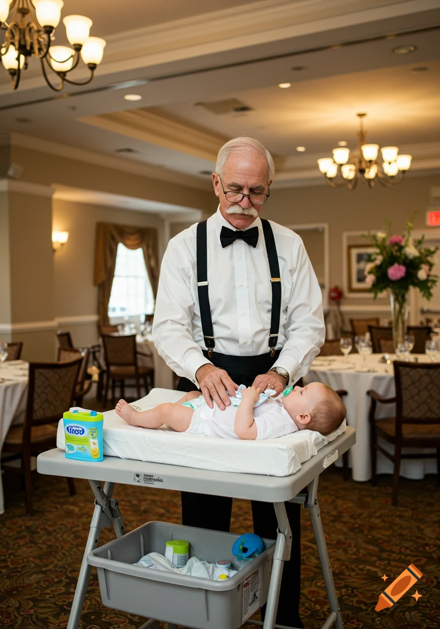 A senior man with a mustache, glasses, and suspenders changes a baby's diaper on a changing table in a banquet hall.